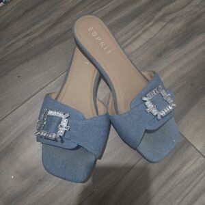 Esprit Denim Blue Slide Mules with Crystal Buckle